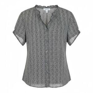 Covington Geometric Button Front Ruffle Neck Short Sleeve Blouse Black White 20W